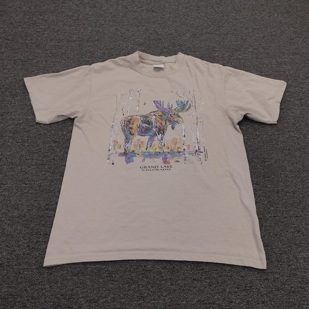 Vintage Grand Lake Colorado Moose Shirt Mens Medium Beige Anvil Graphic Tee 90s
